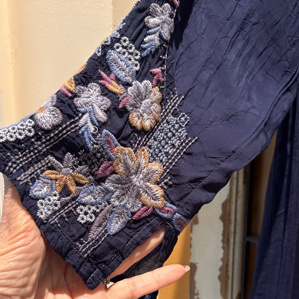 Johnny Was Dark Blue Floral Embroidered Blouse - Picture 4 of 10